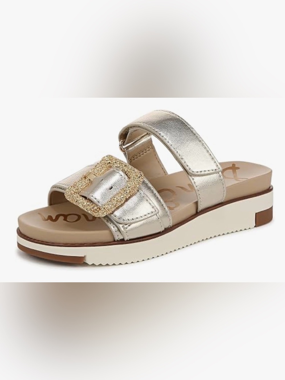 Sam Edelman Metallic Silver Slide Sandals with Gold Buckles